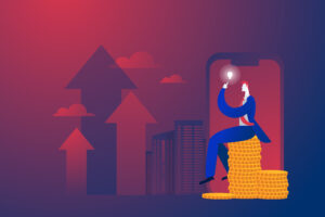 Business concept, businessman sitting on money and thinking about business plan. Vector illustration.