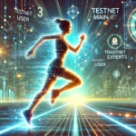 Marathon runner on a digital path filled with blockchain transactions