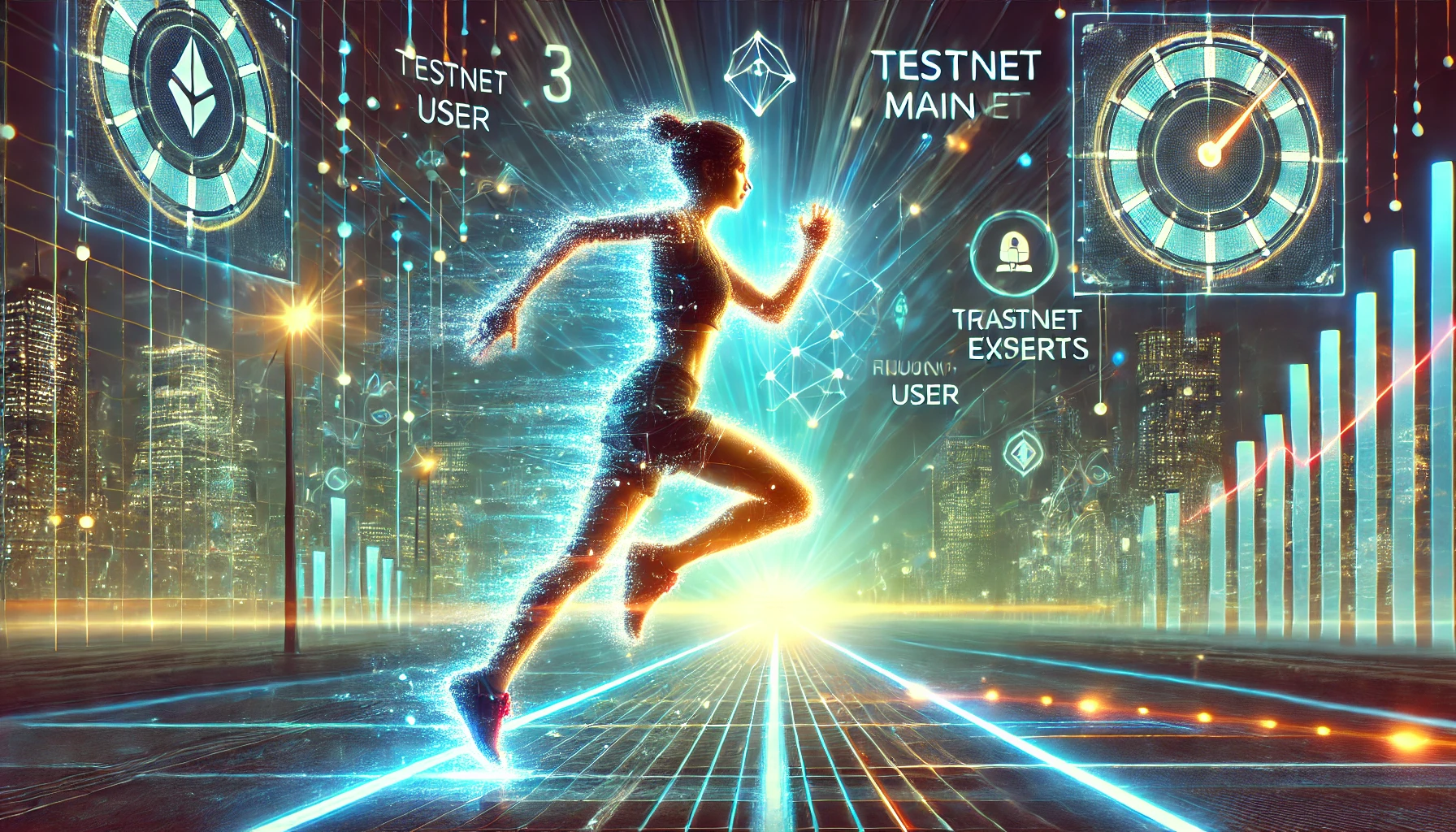 Marathon runner on a digital path filled with blockchain transactions