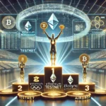 Olympic podium with blockchain champions holding crypto coins