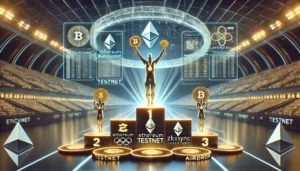 Olympic podium with blockchain champions holding crypto coins
