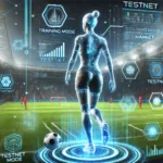 Futuristic football player training on a digital cyber field, surrounded by blockchain UI elements and floating testnet data, symbolizing the preparation phase before mainnet.