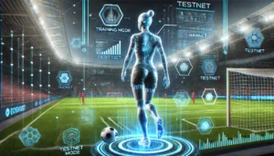 Futuristic football player training on a digital cyber field, surrounded by blockchain UI elements and floating testnet data, symbolizing the preparation phase before mainnet.
