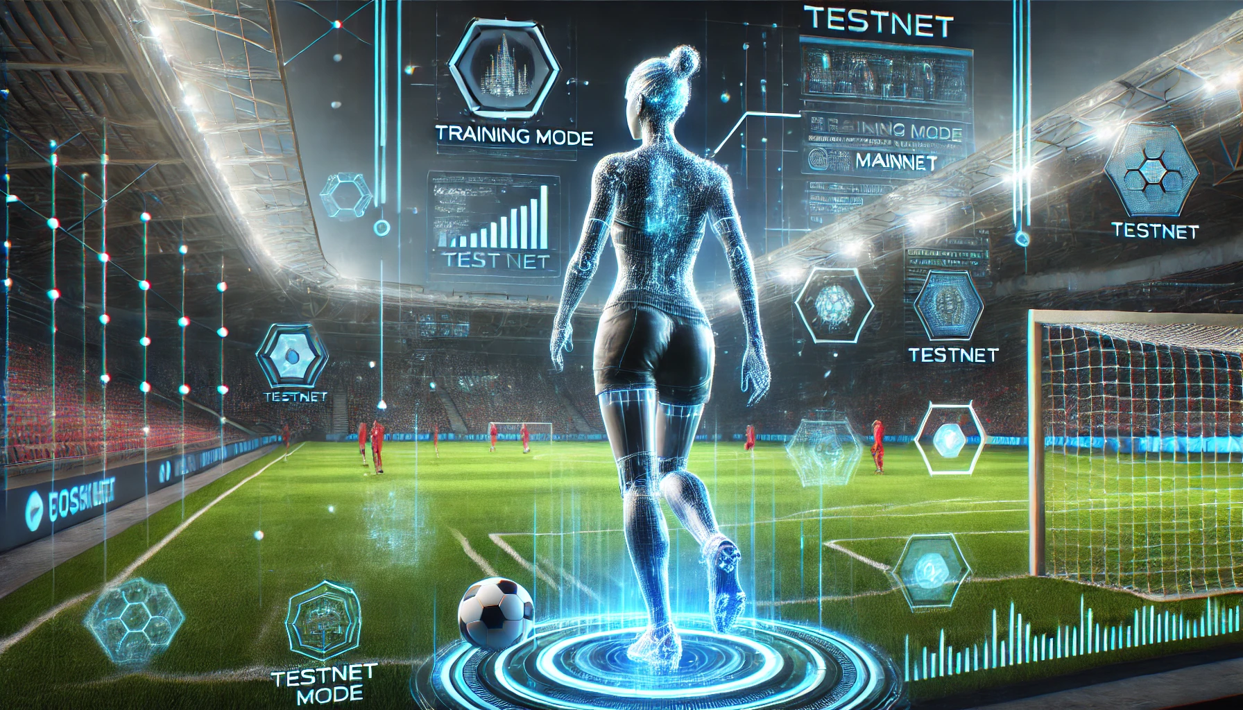 Futuristic football player training on a digital cyber field, surrounded by blockchain UI elements and floating testnet data, symbolizing the preparation phase before mainnet.