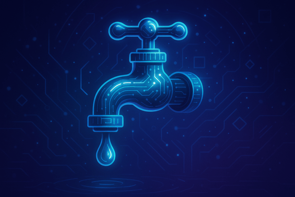 Illustration futuriste d’un robinet digital avec goutte, symbolisant un faucet Web3 pour obtenir des tokens testnet gratuitement