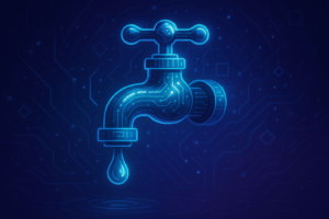 Illustration futuriste d’un robinet digital avec goutte, symbolisant un faucet Web3 pour obtenir des tokens testnet gratuitement