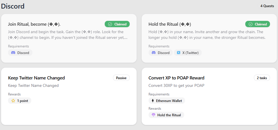 Interface des quêtes Ritual Synful sur Discord et Twitter : rejoindre Ritual, hold le sceau (❖,❖), garder le pseudo Twitter changé et convertir XP en POAP