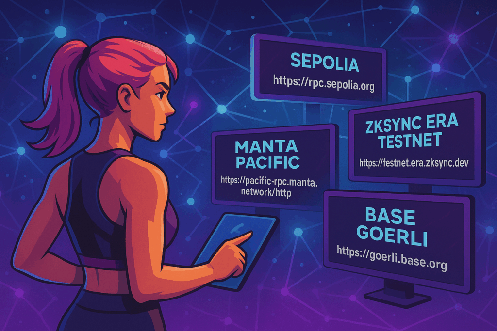 Illustration Web3 d'une coach virtuelle préparant un entraînement blockchain, symbolisant la configuration des réseaux EVM et RPC avant un testnet