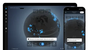Interface de l'application Nexus Devnet affichant les nodes actifs sur une carte interactive en version desktop et mobile