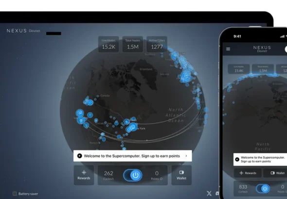 Interface de l'application Nexus Devnet affichant les nodes actifs sur une carte interactive en version desktop et mobile