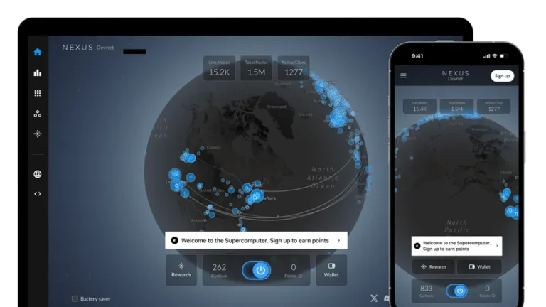 Interface de l'application Nexus Devnet affichant les nodes actifs sur une carte interactive en version desktop et mobile