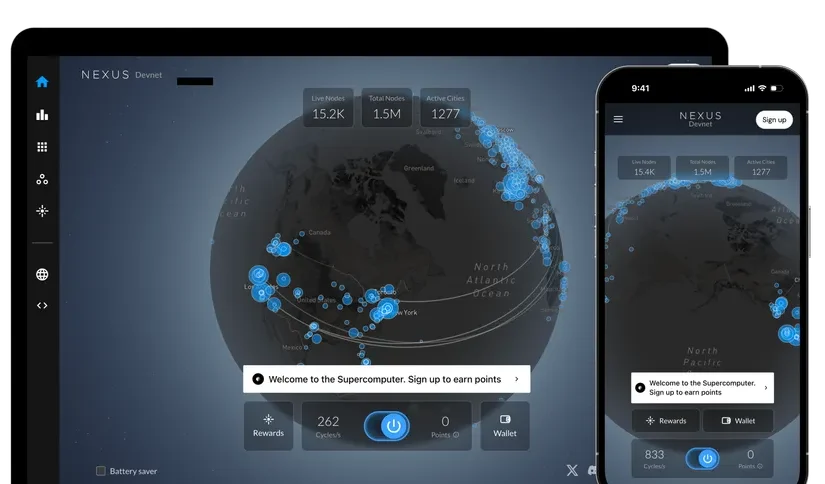 Interface de l'application Nexus Devnet affichant les nodes actifs sur une carte interactive en version desktop et mobile