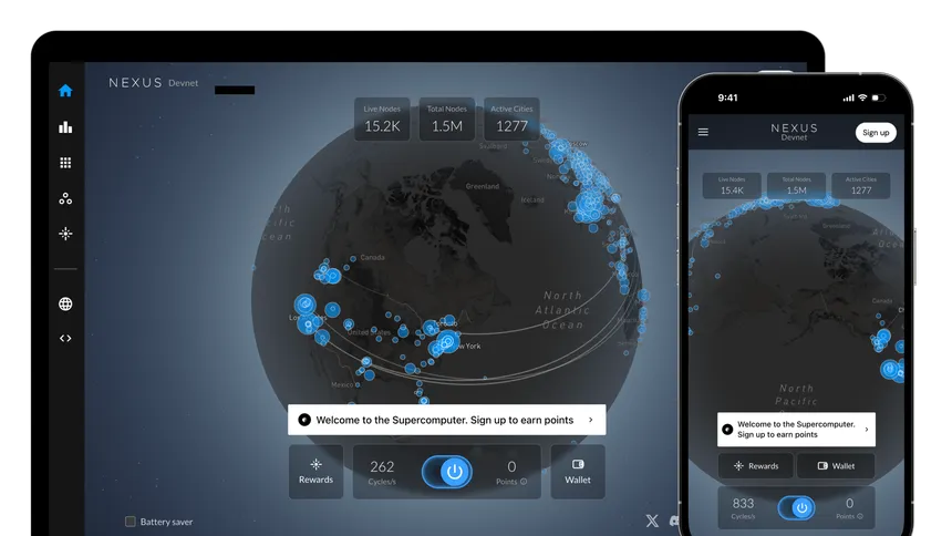 Interface de l'application Nexus Devnet affichant les nodes actifs sur une carte interactive en version desktop et mobile