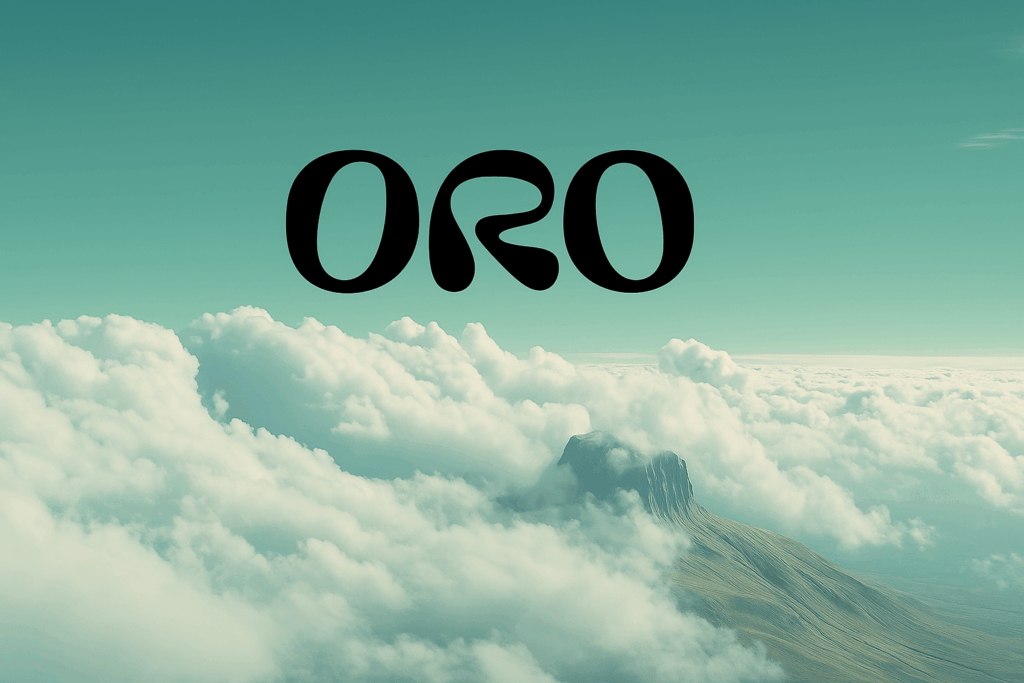 Logo ORO AI en noir centré sur un ciel de nuages et montagne — visuel 16/9