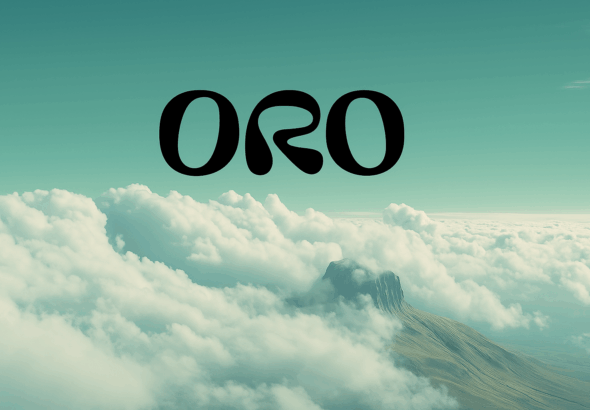 Logo ORO AI en noir centré sur un ciel de nuages et montagne — visuel 16/9