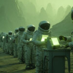 Astronautes alignés sur une planète extraterrestre, interagissant avec des terminaux lumineux – métaphore visuelle du testnet Planet Euclid et de l'engagement communautaire Web3.