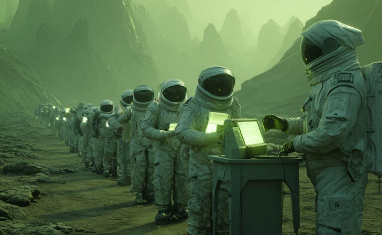 Astronautes alignés sur une planète extraterrestre, interagissant avec des terminaux lumineux – métaphore visuelle du testnet Planet Euclid et de l'engagement communautaire Web3.