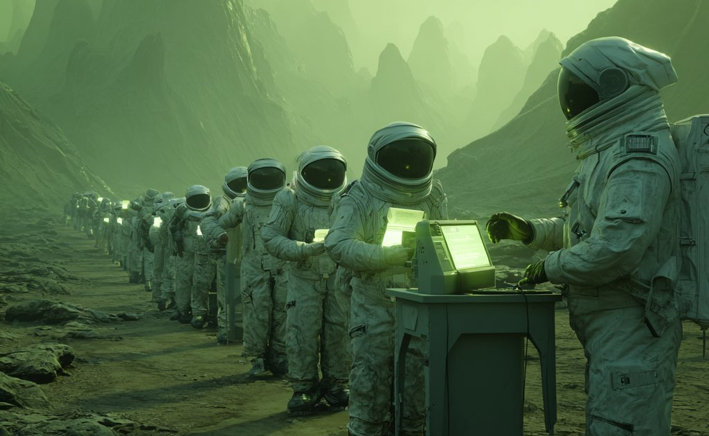 Astronautes alignés sur une planète extraterrestre, interagissant avec des terminaux lumineux – métaphore visuelle du testnet Planet Euclid et de l'engagement communautaire Web3.