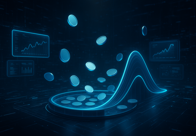 Un paysage DeFi futuriste avec une piscine de liquidités pour quiet finance testnet.