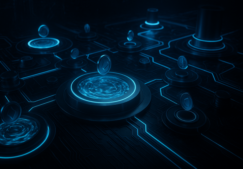 Un paysage numérique futuriste avec des pools de liquidité pour le testnet Quiet Finance.