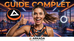 Guide Complet de musculation Arkada pour homme et femme. Une femme athlétique et souriante lève un pouce en l'air dans une salle de sport futuriste avec le logo Arkada. L'image contient les textes 'GUIDE COMPLET' et 'STRATÉGIE | ÉVOLUTION | MAÎTRISE'.