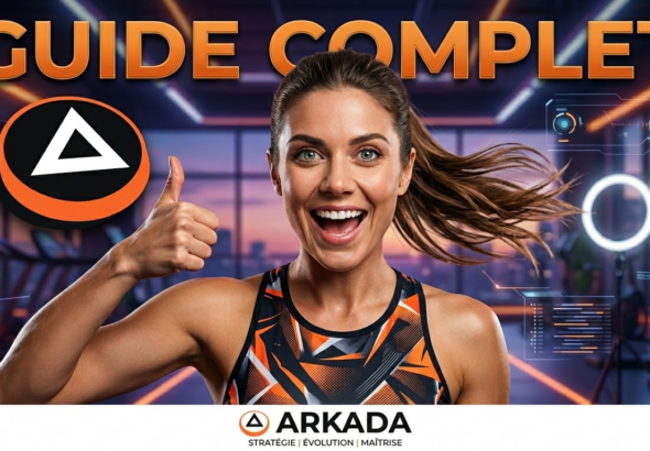 Guide Complet de musculation Arkada pour homme et femme. Une femme athlétique et souriante lève un pouce en l'air dans une salle de sport futuriste avec le logo Arkada. L'image contient les textes 'GUIDE COMPLET' et 'STRATÉGIE | ÉVOLUTION | MAÎTRISE'.