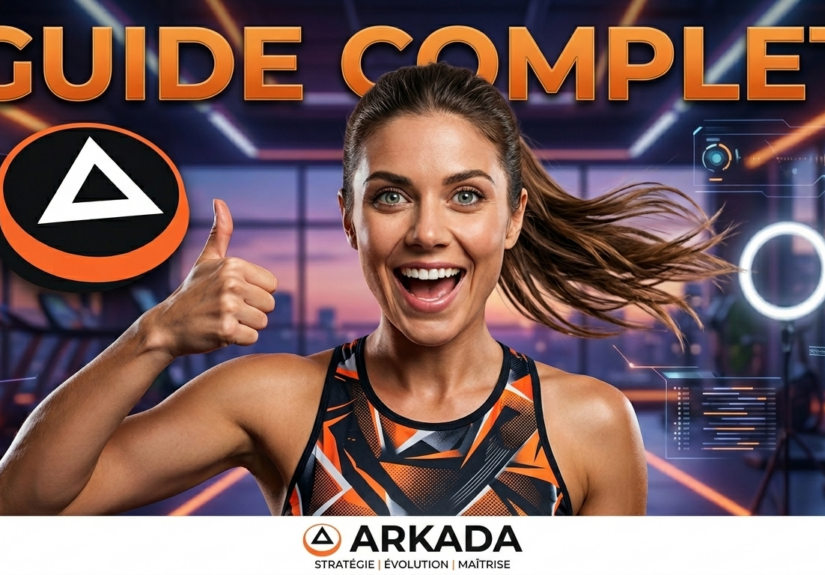 Guide Complet de musculation Arkada pour homme et femme. Une femme athlétique et souriante lève un pouce en l'air dans une salle de sport futuriste avec le logo Arkada. L'image contient les textes 'GUIDE COMPLET' et 'STRATÉGIE | ÉVOLUTION | MAÎTRISE'.