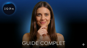 IOPn airdrop guide présenté par une coach Web3 souriante sur fond bleu technologique.