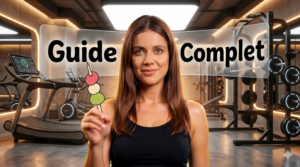 Une femme souriante dans une salle de sport moderne tenant une brochette de dango (dessert japonais), avec le texte "Guide Complet" sur un panneau holographique. Vignette pour le Dango Testnet Airdrop.