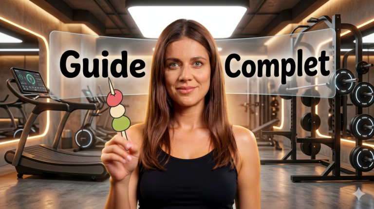 Une femme souriante dans une salle de sport moderne tenant une brochette de dango (dessert japonais), avec le texte "Guide Complet" sur un panneau holographique. Vignette pour le Dango Testnet Airdrop.