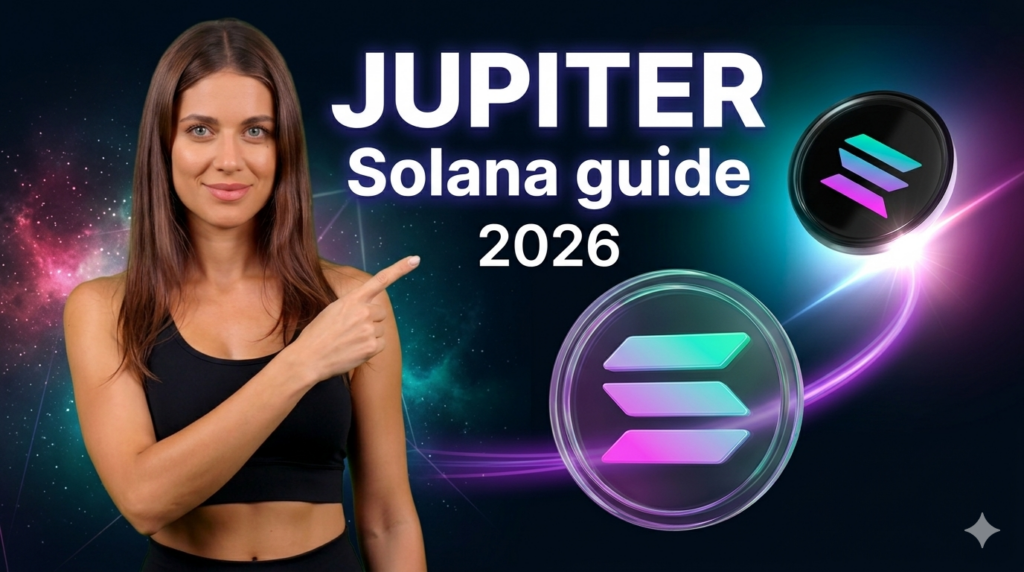 Vignette HD pour le guide complet 2026 sur Jupiter et Solana, montrant une femme pointant du doigt les logos cryptos et le titre Jupiter Solana guide 2026.