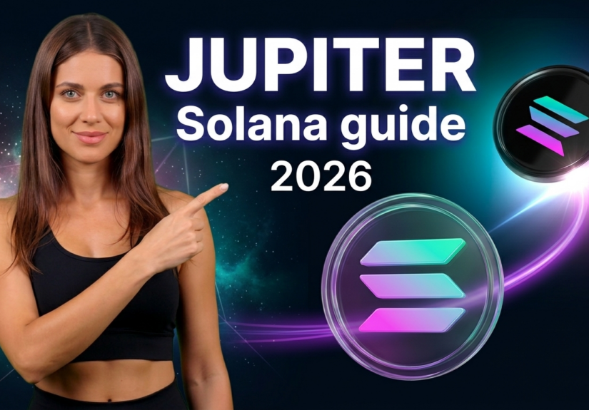 Vignette HD pour le guide complet 2026 sur Jupiter et Solana, montrant une femme pointant du doigt les logos cryptos et le titre Jupiter Solana guide 2026.