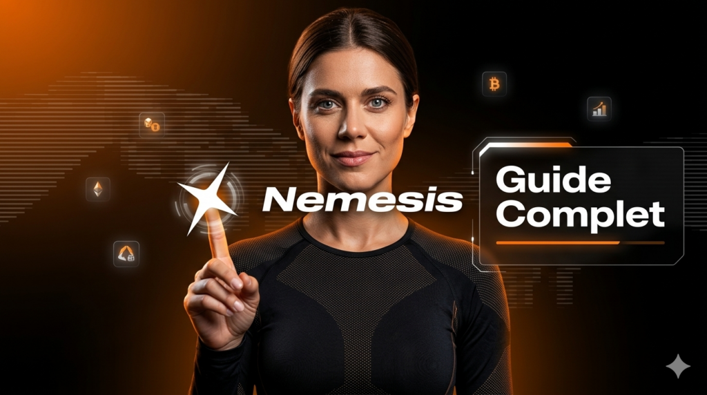 Vignette marketing pour le guide complet de la cryptomonnaie Nemesis. Une femme en tenue de sport noire pointe du doigt le logo Nemesis avec des icônes de crypto (Bitcoin, Ethereum) flottantes dans un fond orange et noir.