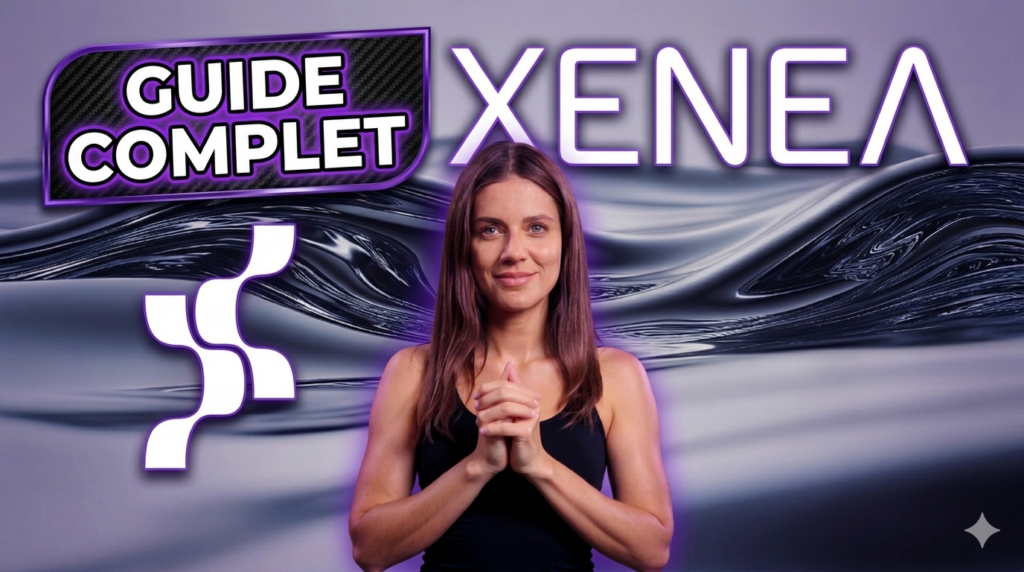 Vignette tutoriel pour le testnet Xenea et l'airdrop potentiel, avec une femme et le logo Xenea.