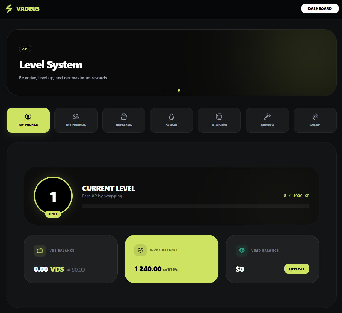 Vadeus Network testnet dashboard onglet My Profile avec solde 500 VDS