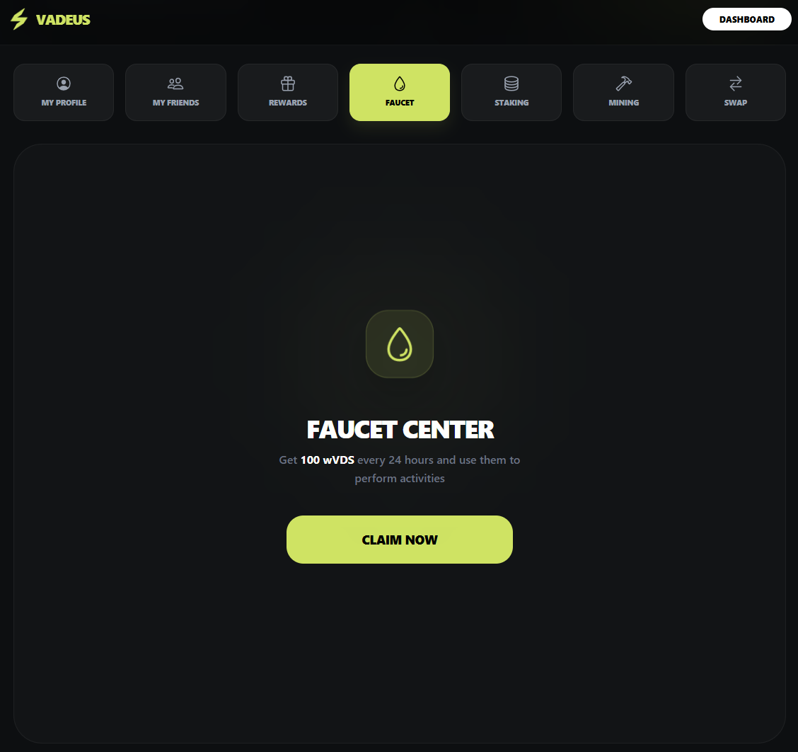 Vadeus Network Faucet Center avec le bouton Claim Now pour recevoir 100 wVDS toutes les 24 heures
