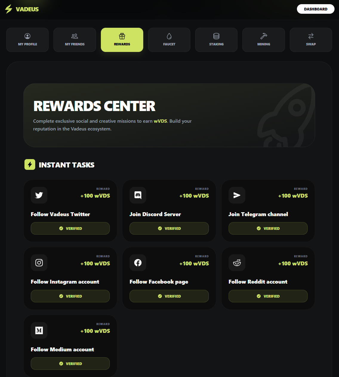 Vadeus Network Rewards Center avec les Instant Tasks à 100 wVDS chacune